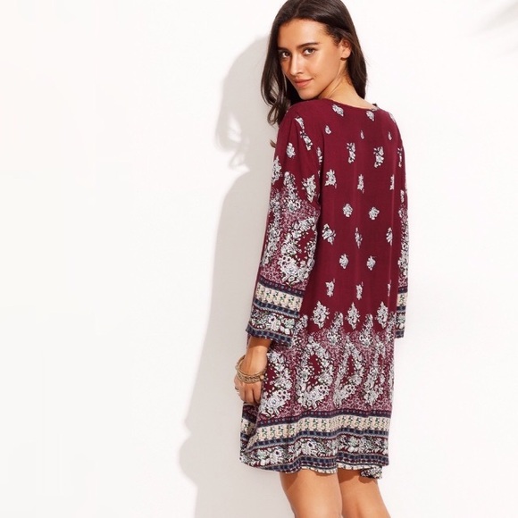 Boho Burgundy Floral 3/4 Sleeve Shift Dress - Picture 2 of 8